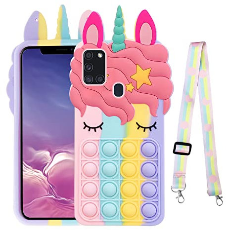 Pop Handyhülle für Samsung Galaxy A21S, Fidget Toys Stressabbau Handyhülle mit Gurt, Push Pop Bubble 3D Cartoon Lustig Kawaii Niedlich Silikon Cover für Mädchen Kinder Teen Schutzhülle A21S,Regenbogen