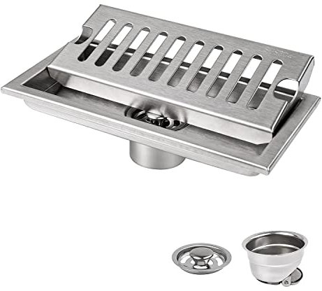 Drenaje de Ducha Rectangular, LERANXIN 20 x 10 cm Canal de Ducha, Plata Canaleta de Desagüe de Acero Inoxidable con Rejilla, Apto para Inodoro, Baño, Cocina, Balcón