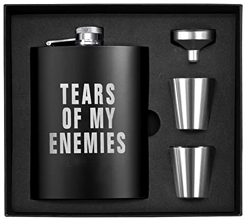 Hip Flask Set for Men, Wieat 8oz Engraved Tears of My Enemies Stainless Steel Whiskey Flask with Funnel &2xCups, Black Gift Box Hip Flasks for Best Man Groomsmen/Usher Father Wedding Birthday