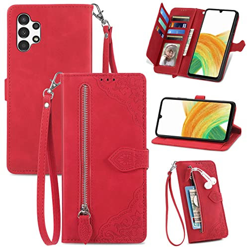 Portefeuille Housse Coque pour Samsung Galaxy A13 4G Étui en Cuir Flip Cover Sac à fermeture éclair porte-monnaie Housse 360 Etui a Rabat Cover étui Téléphone Voyage Carte Crédit Pochette Rouge