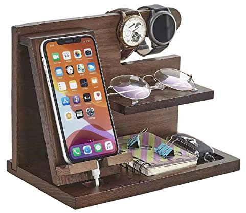 Eways Holz Telefon Dockingstation Handyhalterung Geldbörsenständer Uhr Organisator Handyhalter für Nachttisch Desktop Vater Geburtstag Herren Geschenk Jubiläum Abschluss Geschenke Männer Vintagebraun