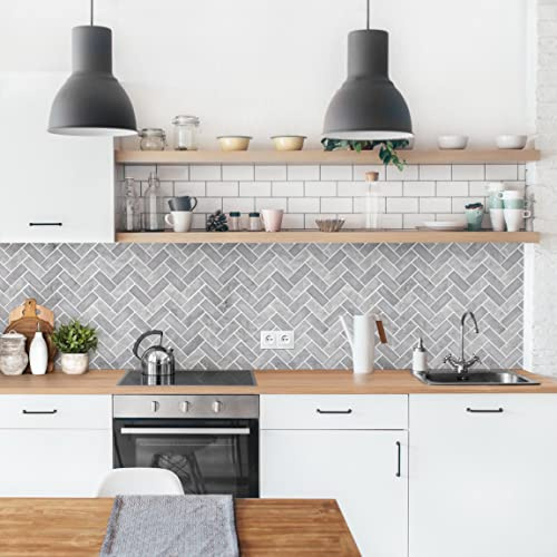 Bilderwelten Küchenrückwand Folie Glänzend 60x150 cm Marmor Fischgräten Fliesen Grau Spritzschutz Fliesenspiegel Küche-Rückwand Motiv Klebefolie
