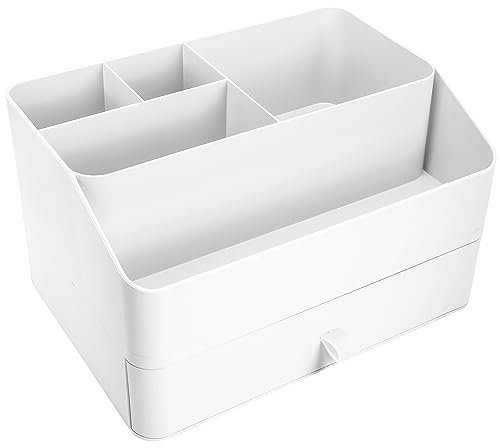 BELLE VOUS White Cosmetic Storage Organiser - Makeup Box with Drawer for Skincare, Jewellery, Nail Polish, Lipstick & More - Cosmetic Holder Stand for Dresser, Countertop, Vanity, Bathroom or Bedroom