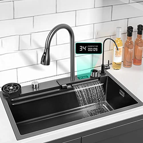 Fregadero De La Cuenca De La Cascada De La Inteligencia, Solo Fregadero De La Cocina del Tazón 304 del Acero Inoxidable, Fregadero del Puesto De Trabajo (Color : Black-Grey, S : 75x46cm