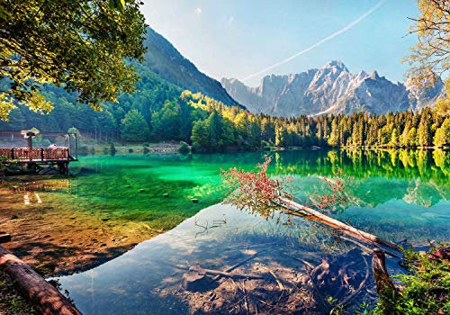 wandmotiv24 Fototapete Berge Gebirge See Wald, 200 x 140cm - selbstklebende Strukturtapete, Wanddeko, Wandbild, Wandtapete, Sommer Landschaft M6180
