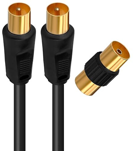 APM Câble TV Antenne 9.52mm, 5 Mètres, Connecteurs Gold Mâle/Mâle, Cordon Coaxial Noir avec Adaptateur Femelle/Femelle Inclus, Compatible TV Décodeur TNT Fiche Murale 9.52mm, 408026, 5m