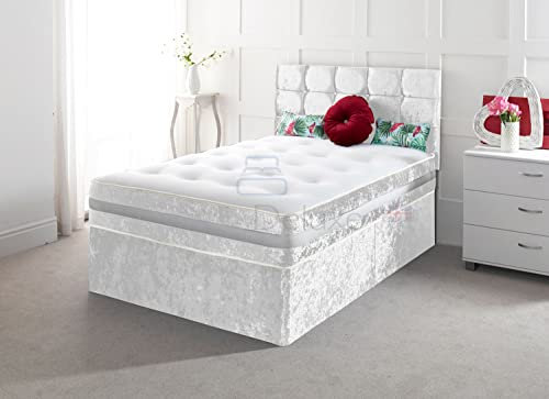 Comfy Deluxe LTD Crushed Velvet Divan Bed with Mattress Headboard and Storage Drawers (White, 4FT (Small Double) - 0 Drawers)