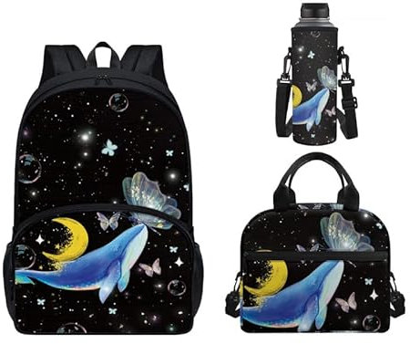 Howilath Fuoco Teschio Nero Zaino Set Flaming Skeleton 3 Pz 1 Set Daypack+Picnic Bag+Porta Bottiglia di Acqua per Bambini, Delfino Falena Luna Stella Cielo, Zaino casual