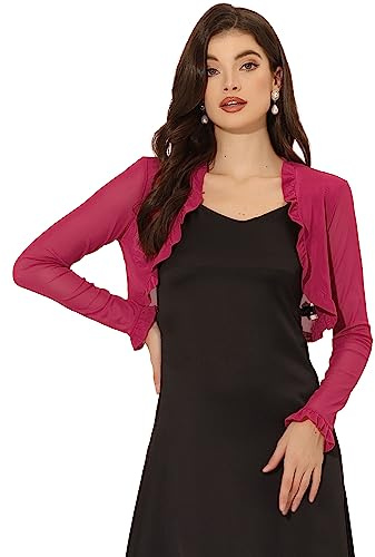 Allegra K Women Elegant Mesh Crop Open Front Bolero Shrug for Evening Party | Ruffled trim detail. Cropped hem updates classic style. Daily wear office formal. Lightweight open front.