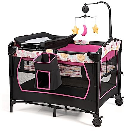 LIFEZEAL 4 in 1 Faltbares Babybett, 107 x 72 cm Beistellbett mit U-förmigem Windelhalter, Baby Reisebett Höhenverstell, Babycenter mit Spieluhr, Kinderreisebett mit Wickelauflage