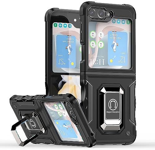 Samsung Galaxy Z Flip 5 Phone Case with Built-in Kickstand, Shockproof Heavy Duty Military Grade Protective Cover Tough Armour Bumper Slim Hard Phone Case for Samsung Z Flip 5 5G 2023, Black