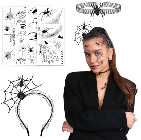 BNGXR Halloween Spinne Stirnband, Halloween Kostüm Zubehör mit Spinne Haarband Halsketten und Tattoos Aufkleber, Stoff und Kunststoff Spinnweben Stirnband Halskette Makeup Gruselparty