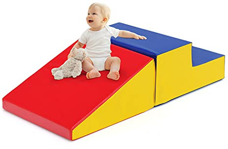LIFEZEAL Großbausteine Kinder, Bausteinset Schaumstoff mit Treppe und Rutsche, Bauklötze Softbausteine Spielset für Haus, Kindergarten (Gelb+Rot)