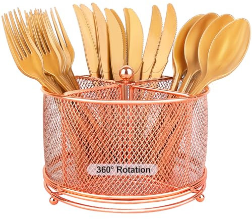 Jvoiyae Portaposate girevole a 360°, in metallo, con 4 scomparti, per posate, cucchiai, forchette, tovaglioli, posate, per feste, picnic, campeggio, all'aperto, colore oro rosa