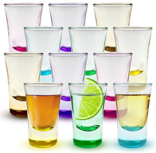 Verre a Shot – 25ml (lot de 12) Verres à Shot à Base Lourde – Ensemble de Shot Verre Coloré pour Shots D'alcool, Vodka, Expresso, Tequila et Desserts – Verre Shot Durables et Réutilisables