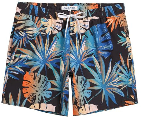 MaaMgic Stretch Badehose Herren Badeshorts Männer Schnelltrocknend Badehosen für Herren Boardshorts für Strand, Surf und Wassersport,Orange-Grüne Blätter,M