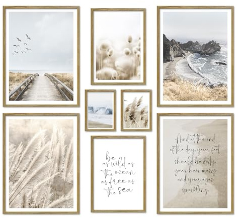 ARTFAVES® Poster Set - BEIGE SEA PAMPAS - mehrteilige Wanddeko Wohnzimmer & Schlafzimmer - 8 moderne Wandbilder Pampasgras, Strand, Meer, natur, maritim - mit Rahmen Eiche-Optik