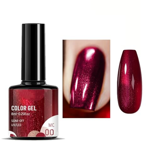 Red Pearl Gel Metal Nail Polish, Metallic Shell Thread Glitter Holographic Soak Off UV LED Varnish, Shimmering Shining Sparkling Long Lasting, DIY Art Manicure at Home, Gift for Women & Girls