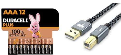Duracell Plus AAA Batteries (12 Pack) - Alkaline 1.5V - Up To 100% Extra Life & Aioneus USB Printer Cable, 【2M/6FT】 USB 2.0 Type A Male to B Male