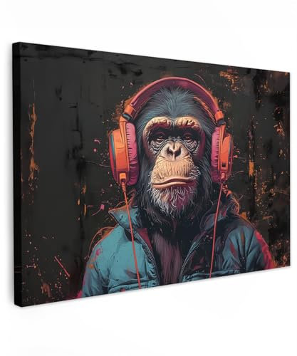 MuchoWow© Bilder 90x60 cm Wohnzimmer Deko Modern Wandbild Foto auf Leinwand Bild Schlafzimmer über Bett Room Decor Geschenke Graffiti - Schimpanse - Kopfhörer - Affe