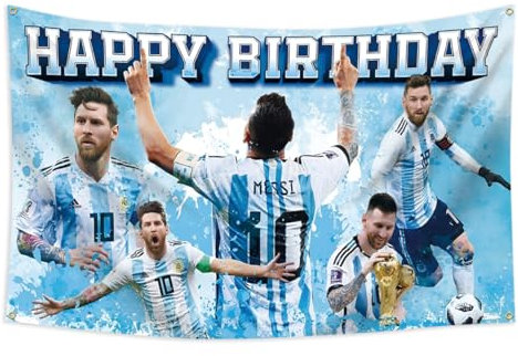 Konern Fußballstern Happy Birthday Banner, Messi Geburtstagsdekorationen, 90 x 152 cm, Party-Dekorationen, Zubehör, Fotografie-Dekorationen, Wandbehang, Tapisserie, Blau