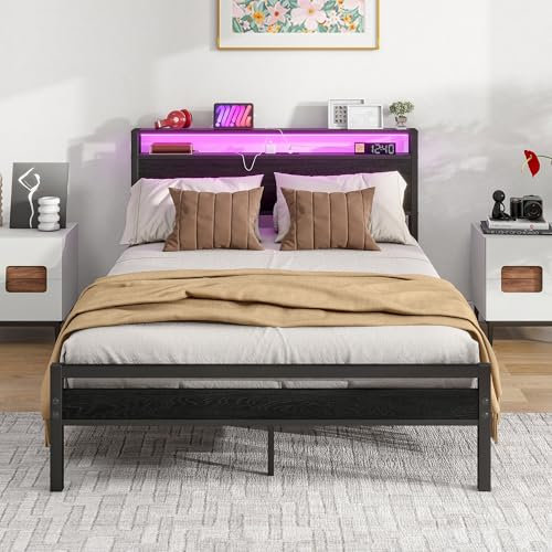 BORPHOM Double Bed Frame with Wood Storage Headboard and Charging Station/LED Lights,Metal Platform Bed Frame Double Bed No Box Spring Needed,Strong Steel Slats Support,Under-bed Storage,Black Bed