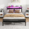 BORPHOM Double Bed Frame with Wood Storage Headboard and Charging Station/LED Lights,Metal Platform Bed Frame Double Bed No Box Spring Needed,Strong Steel Slats Support,Under-bed Storage,Black Bed