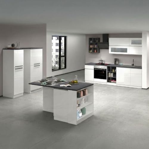 Dmora - Vollständige Küche Bastien, Set mit Speisekammer, Küchenzeile Schrank, Blockbausatz mit Insel und Kühlschrankträger, 100% Made in Italy, glänzendes Weiß und Schiefer
