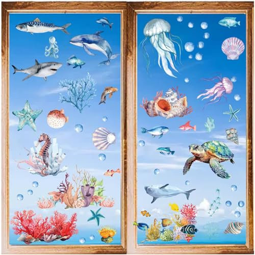 craspire 8 Blatt Fensteraufkleber Mit Meeresmotiv, Quallen, Muscheln, Korallen, Haie, Meeresschildkröten, Wandaufkleber, Abziehen Und Ankleben, PVC, Wasserfest, Selbstklebend, Dekor Für Schlafzimmer