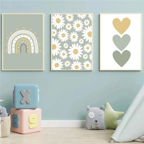 Ueiwffzo 3er Set Poster Kinderzimmer, Boho Gänseblümchen Regenbogen Wandbilder Kinderzimmer Deko, Bilder Leinwand Wandposter Kinderzimmer, Ohne Rahmen (40x50cm)