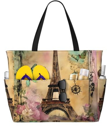 SDEGTHO MDATT Paris Eiffelturm-Strandtasche für Damen, große Strandtasche, Strandtasche mit Reißverschluss, Schwimmbadtasche, Schwarz, Einheitsgröße