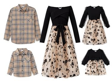 PATPAT Familien Outfit Set Langarm - Partnerlook Mutter Tochter Kleid,Mama Kind Kleider Prinzessin Festlich,Eltern Kind Outfit,Family Matching Passende Outfits,Herbst & Frühling-Damen:XL