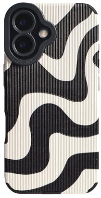 Reownest Cute Case for iPhone 16 Simple Wave Zebra Stripes Pattern Aesthetic Phone Case Soft Silicone Protective Cover for Women Girls -Black