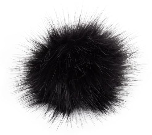 Fell Pompom mit Druckknopf 12-14cm - Fellbommel Bommel Mützenbommel (Schwarz)