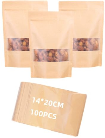 100 Stück Kraftbeutel mit Fenster, selbstverschließende Papiertüten, wiederverschließbare Standbeutel, Lebensmittelbeutel für Nüsse, Kaffeebohnen, Teeblätter, Süßigkeiten, Getreide (Braun, 14 x 20 cm)