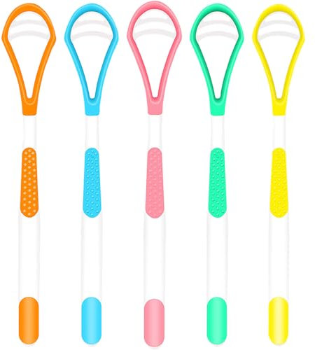 WOLMIK Raspador de lengua, paquete de 5 limpiadores de lengua para higiene bucal y aliento fresco, cepillo de lengua suave reutilizable de doble cara, fácil de usar y limpiar