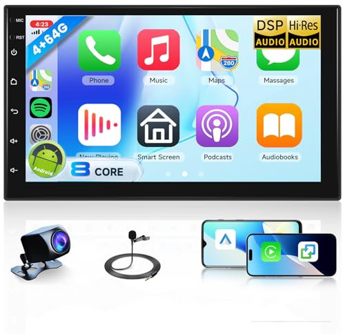 Hodozzy 8 Core 4G+64G Android Radio con CarPlay Android Auto inalámbrico, Radio 2 DIN 7 Pulgadas QLED Pantalla táctil con GPS, Bluetooth 5.1, WiFi, DSP, Radio FM/RDS, Doble USB, SWC+AHD Cámara, Mic