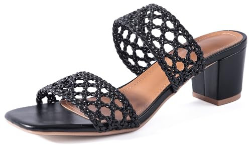 N.N.G Damen-Sandalen mit Absatz, geflochten, Block, Nude, Sommer, grob, quadratisch, Leder, gewebt, bequem, Riemchenkleid, Freizeit-Pumps, Geflochtenes Hohles Schwarz, 37.5 EU