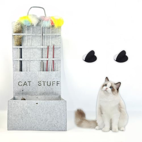 Cat Toy Storage Basket & Wand Holder - Durable Pet Organizers and Storage Bin for Wand Toys, Hanging Toys (Light Grey)