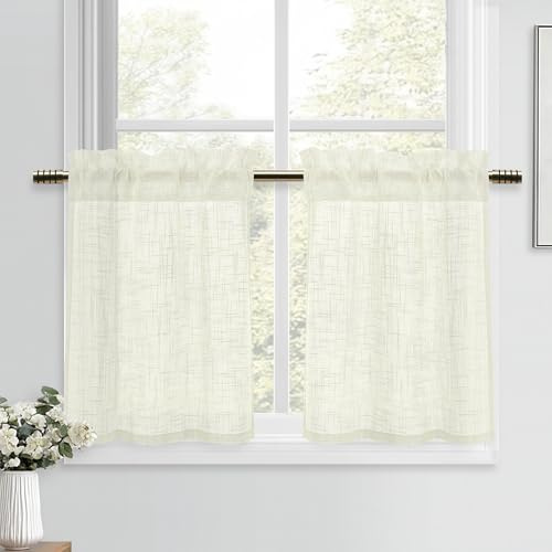 DWCN Hellbeige Scheibengardinen Kurz Vorhänge Leinen Gardinen H60xB90cm | 2 Stück Küchengardinen Bistrogardine Modern Halbtransparent Vorhang mit Stangendurchzug für Landhaus Schrankvorhang Wohnwagen