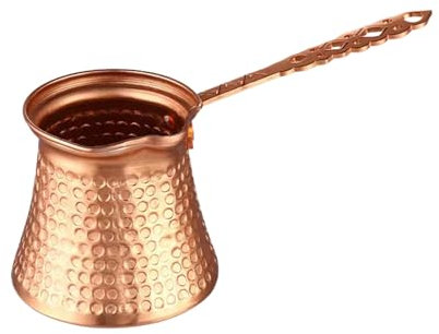 Vintage Copper Coffee Pot - Classic Turkish Cezve with Long Handle | Wide Mouth Design for Perfect Foam | Arabic Greek Coffee Maker for Electric Induction Cooktops, 4.72x3.54x3.15 inches