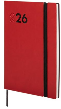 Finocam - Kalender 2026, Wochenansicht, Januar - Dezember (12 Monate), Jahresplaner 2026, mit Gummizug und Punktband, weicher Einband Mara, Rot, Spanisch