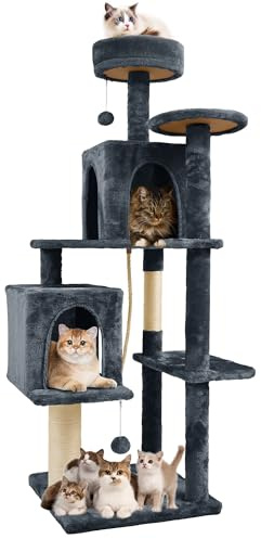 TSCOMON Grand arbre à chat de 148,6 cm en forme de tour pour chats d'intérieur, maison à chat en peluche douce à plusieurs niveaux, griffoir, plus d'entrée/sortie, corde en sisal, noir et gris