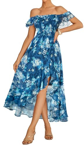 GRACE KARIN Women's Autumn Dress with Off Shoulder Irregular Hems Midi Floral Pattern Lightweight Dress CL214-04 2XL Dark Blue