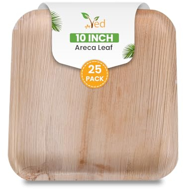 Ved Lote de 25 platos desechables de hoja de areca, ecológicos y biodegradables, de 25 cm (10), cuadrados, grandes, compostables, duraderos y aptos para horno. Ideales para comidas calientes, bodas.