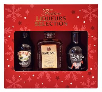 Festive Liqueurs Selection 3 x 5cl - Baileys the Original Irish Cream (17% ABV), Disaronno Originale Italian Liqueur (28% ABV) & Tia Maria (20% ABV), Gift, By Blue Tree Gifts.