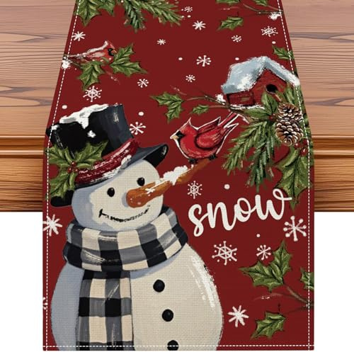 JOTOM Weihnachten Tischläufer, Tischband Küche Esstisch Dekoration für Party Wohnzimmer Esszimmer Garten, Innen & Außen Weihnachtstischdecke Weihnachtsdeko (40x180cm, Schneemann Vögel Rot)