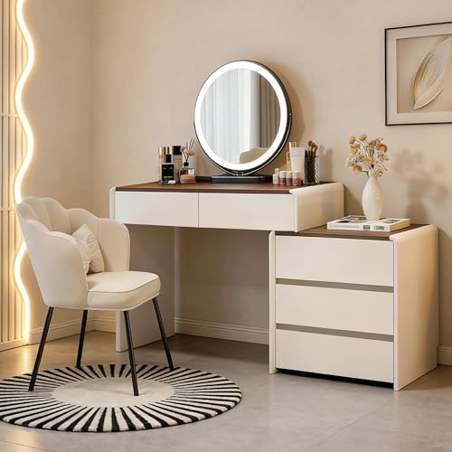 AMZSEW Dressing Table and Led Mirror With Petal Chair, Vanity Table With adjustable Lighting, 5- Drawer Storage, Makeup Desk With Charging Station For Bedroom (Walnut+White)