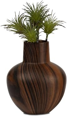 Keramik Blumenvase in Holzoptik, Dekorative Vase, Braun, 15 cm, Bauchige Form, Moderne Dekoration für Zuhause
