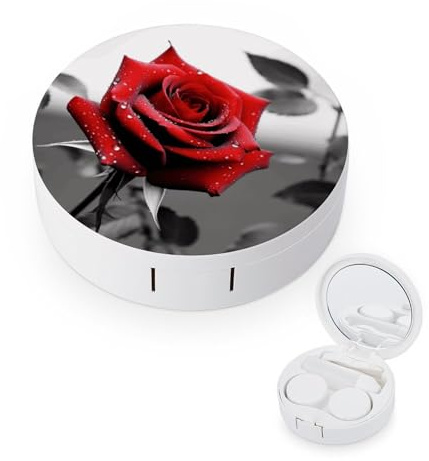 FekiLoot Black And White Red Rose Contact Lens Cases, Cute Contact Lenses Lens Box Set Outdoor Mini Contact Lens Soak Storage Kit with Mirror Daily Vision Care And Outdoor Use